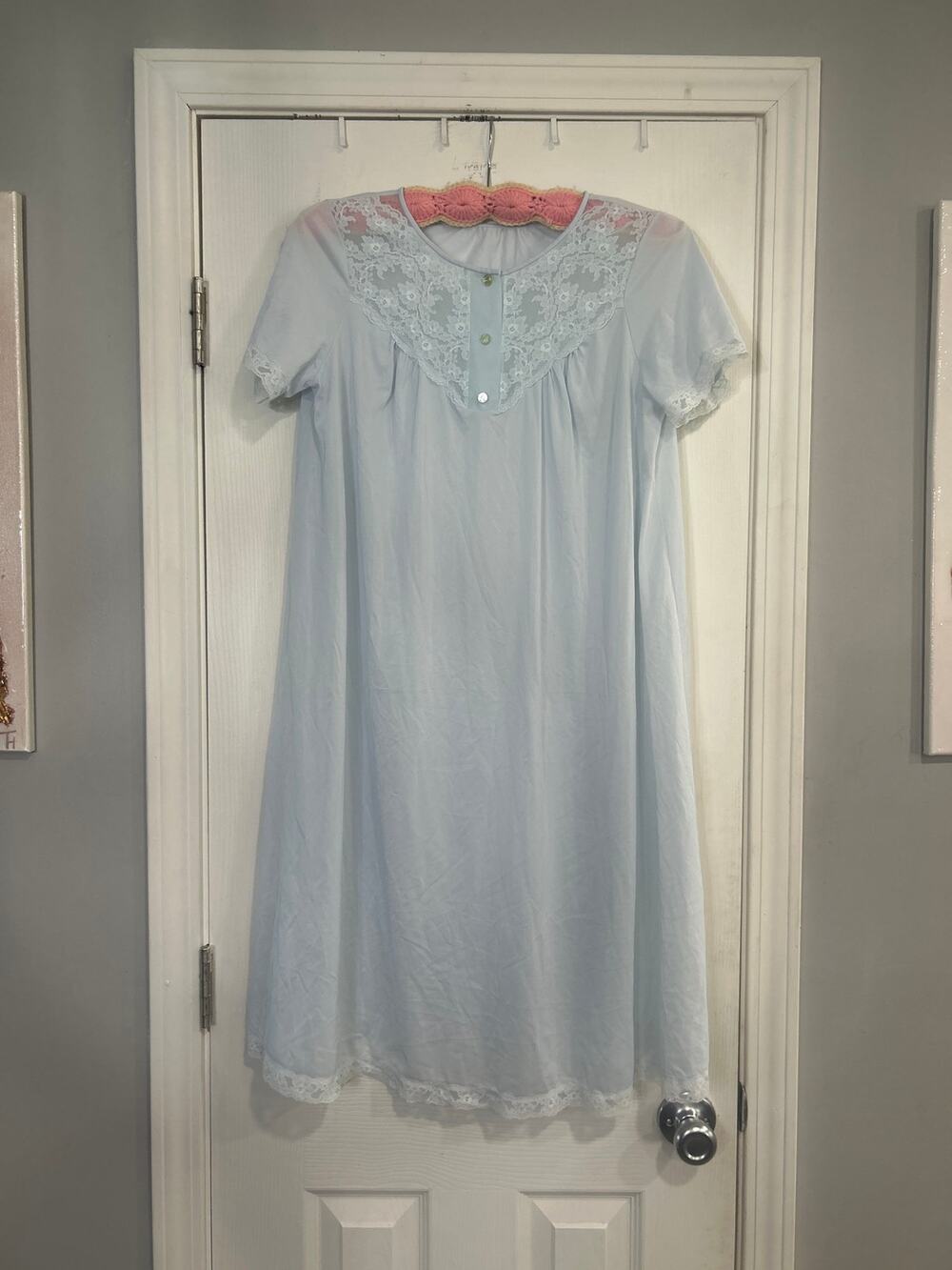 Vintage Shadowline Nightgown S Powder Blue Nylon Sheer Lace Mesh Yoke Midi USA